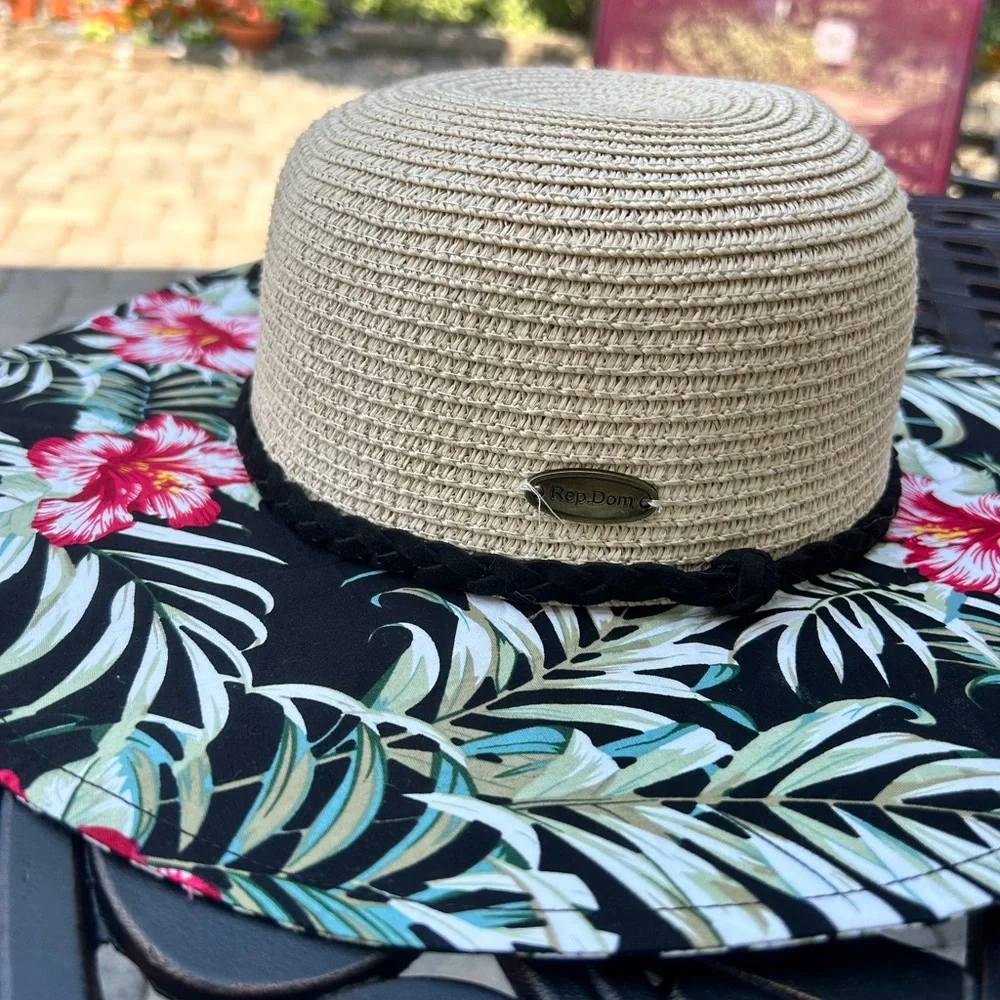 FAPA Straw Hat (Sombrero Cayena Tope) w/ Flora Fabric Rim & suede braided trim